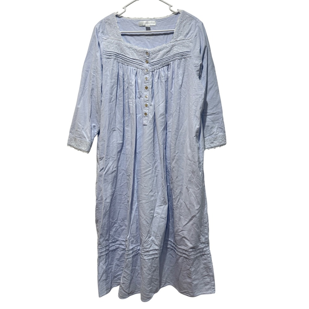 Eileen West Blue Cotton Flannel Long Sleeve Nightgown Floral Lace Embroidered M